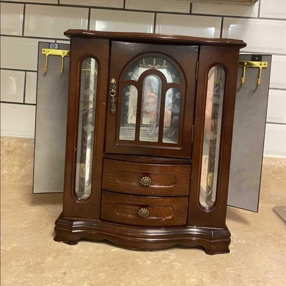 Dark wood and glass jewelry box with drawers, ring holders and necklace holders